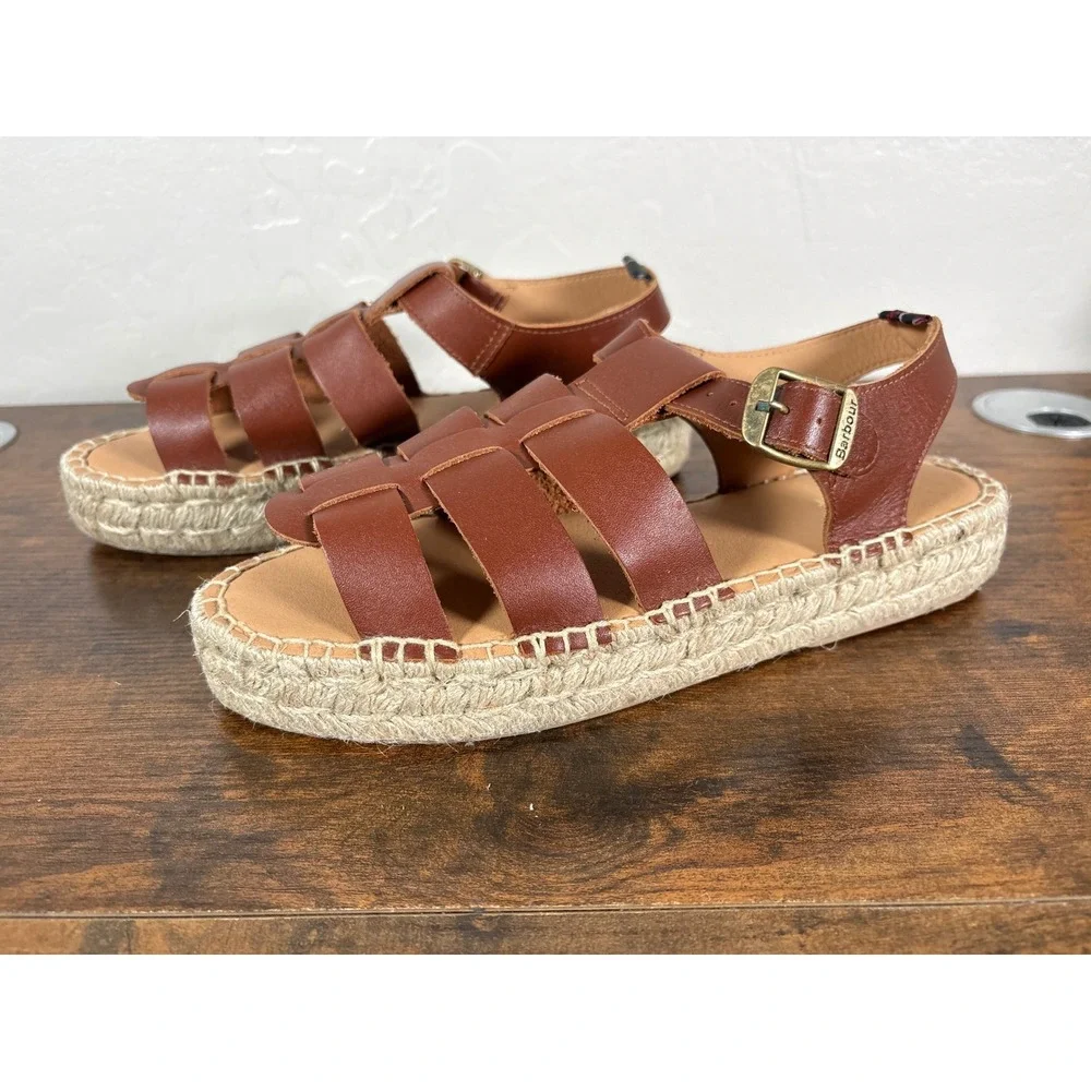 Barbour Brown Leather Fisherman Espadrille Sandals Made‎ in Spain Size 40